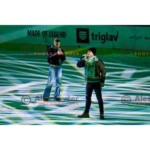 Slovenian singer, Vili Resnik singing during break at IceHL hockey match between SZ Olimpija and Hydro Fehervar AV19 in Ljubljana, Slovenia on Decemeber 22, 2024. Photo: Filip Barbalic