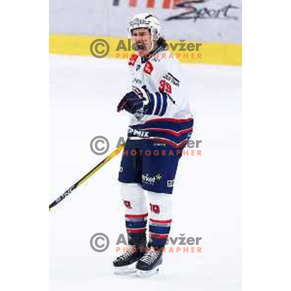 Trevor Cheek of Hydro Fehervar AV19 celebrates goal during IceHL hockey match between SZ Olimpija and Hydro Fehervar AV19 in Ljubljana, Slovenia on Decemeber 22, 2024. Photo: Filip Barbalic