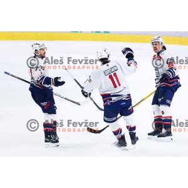 Chris Brown and Trevor Cheek of Hydro Fehervar AV19 celebrate goal during IceHL hockey match between SZ Olimpija and Hydro Fehervar AV19 in Ljubljana, Slovenia on Decemeber 22, 2024. Photo: Filip Barbalic
