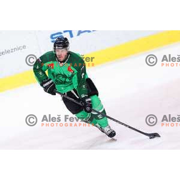 Kale Kerbashian of SZ Olimpija in action during IceHL hockey match between SZ Olimpija and Hydro Fehervar AV19 in Ljubljana, Slovenia on Decemeber 22, 2024. Photo: Filip Barbalic