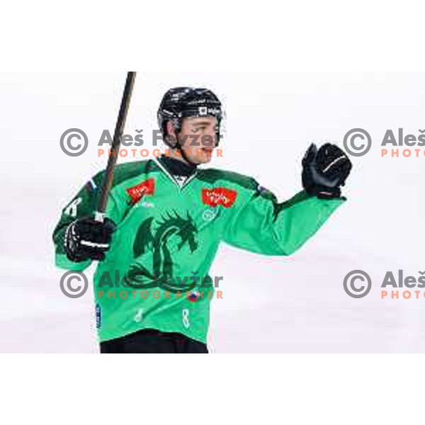 Marcel Mahkovec of SZ Olimpija celebrates goal during IceHL hockey match between SZ Olimpija and Hydro Fehervar AV19 in Ljubljana, Slovenia on Decemeber 22, 2024. Photo: Filip Barbalic