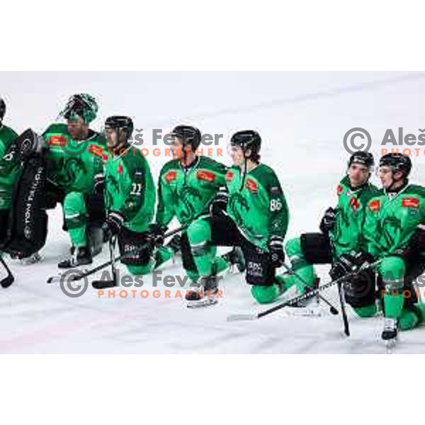 Players of SZ Olimpija celebrate win in IceHL hockey match between SZ Olimpija and Hydro Fehervar AV19 in Ljubljana, Slovenia on Decemeber 22, 2024. Photo: Filip Barbalic