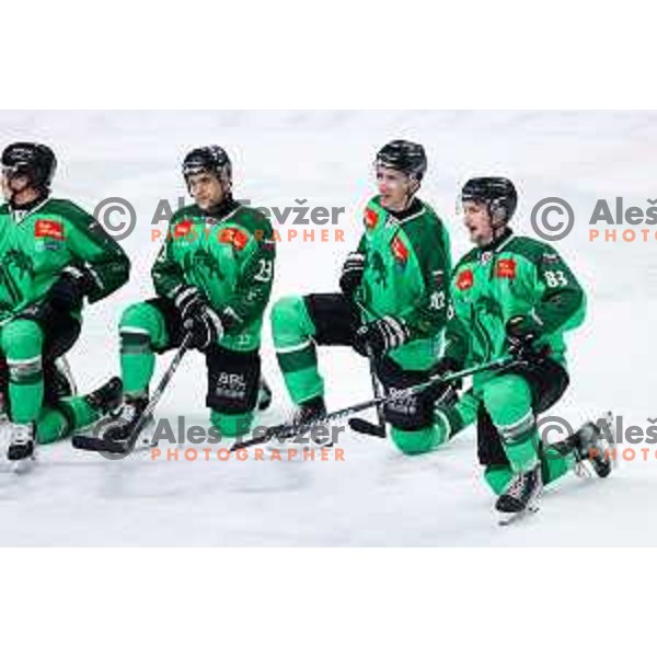 Players of SZ Olimpija celebrate win in IceHL hockey match between SZ Olimpija and Hydro Fehervar AV19 in Ljubljana, Slovenia on Decemeber 22, 2024. Photo: Filip Barbalic
