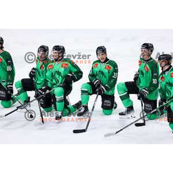 Players of SZ Olimpija celebrate win in IceHL hockey match between SZ Olimpija and Hydro Fehervar AV19 in Ljubljana, Slovenia on Decemeber 22, 2024. Photo: Filip Barbalic