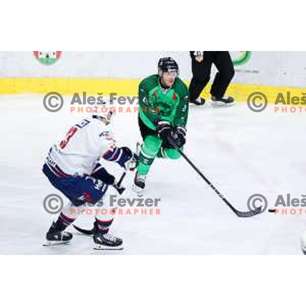 Kale Kerbashian of SZ Olimpija in action during IceHL hockey match between SZ Olimpija and Hydro Fehervar AV19 in Ljubljana, Slovenia on Decemeber 22, 2024. Photo: Filip Barbalic