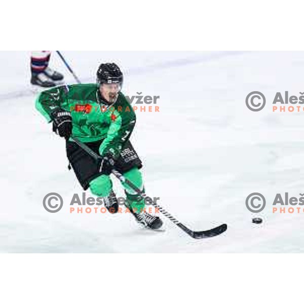Tian Hebar of SZ Olimpija in action during IceHL hockey match between SZ Olimpija and Hydro Fehervar AV19 in Ljubljana, Slovenia on Decemeber 22, 2024. Photo: Filip Barbalic