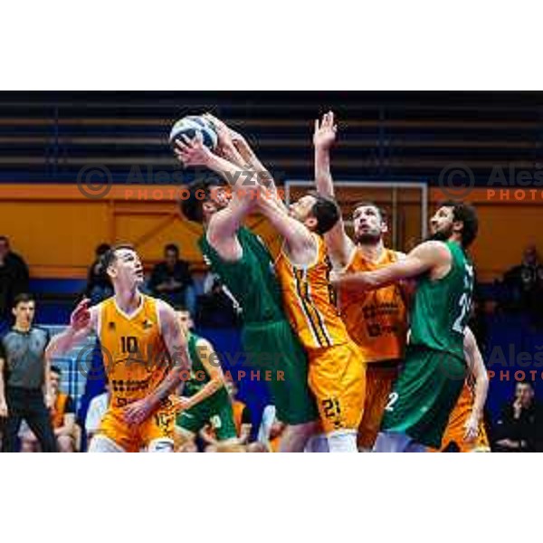 Jure Span, Tayler Persons and Blaz Mahkovic in action during OTP Bank League 2024/2025 basketball match between Kansai Helios and Krka in Domzale, Slovenia on January 2, 2024