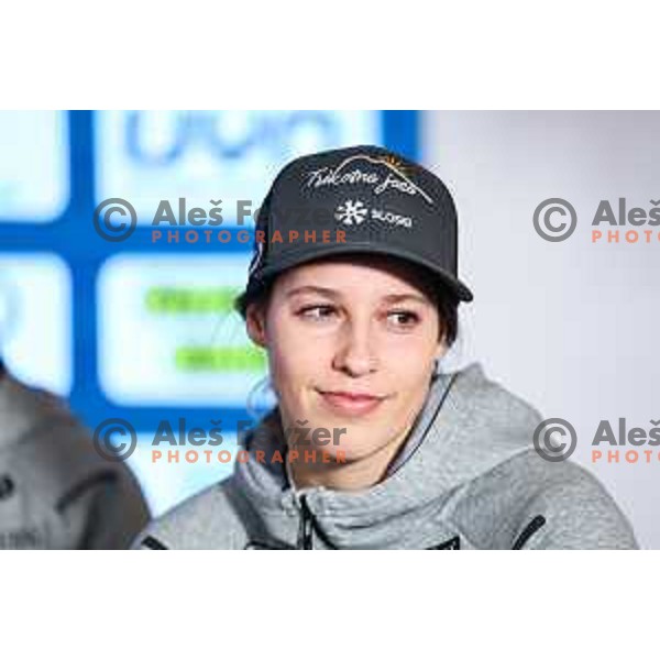 Nika Tomsic at press conference before Audi FIS Ski World Cup Women Giant Slalom and Slalom in Kranjska Gora, Slovenia on January 3, 2025