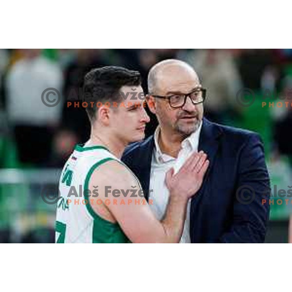 Jan Span of Krka and Zvezdan Mitrovic, head coach of Cedevita Olimpija during ABA League 2024/2025 basketball match between Cedevita Olimpija and Krka in Ljubljana, Slovenia on January 5, 2025