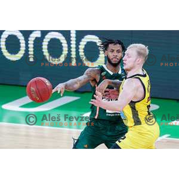 DJ Stewart in action during BKT EuroCup 2024/2025 regular season basketball match between Cedevita Olimpija and Aris Thessaloniki in SRC Stozice, Ljubljana, Slovenia on January 8, 2025