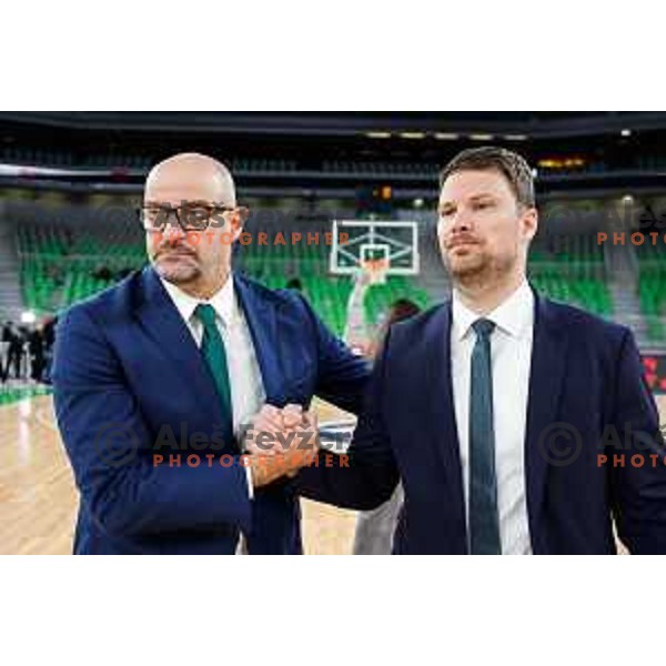 Head coach Zvezdan Mitrovic and Grega Nachbar during BKT EuroCup 2024/2025 regular season basketball match between Cedevita Olimpija and Aris Thessaloniki in SRC Stozice, Ljubljana, Slovenia on January 8, 2025