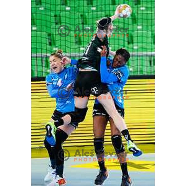 Jovanka Radicevic of Krim Mercator and Daria Dmitrieva in action during EHF Women\'s Champions League match between Krim Mercator (SLO) and FTC Rail Cargo Hungaria (HUN) in SRC Stozice, Ljubljana, Slovenia on January 11, 2025