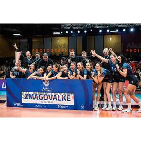 celebrating during trophy ceremony after Slovenian Women’s Volleyball Cup 2024/25 final match between Calcit Volley and OTP banka Branik in Rdeca dvorana, Velenje, Slovenia on January 12, 2025. Photo: Jure Banfi
