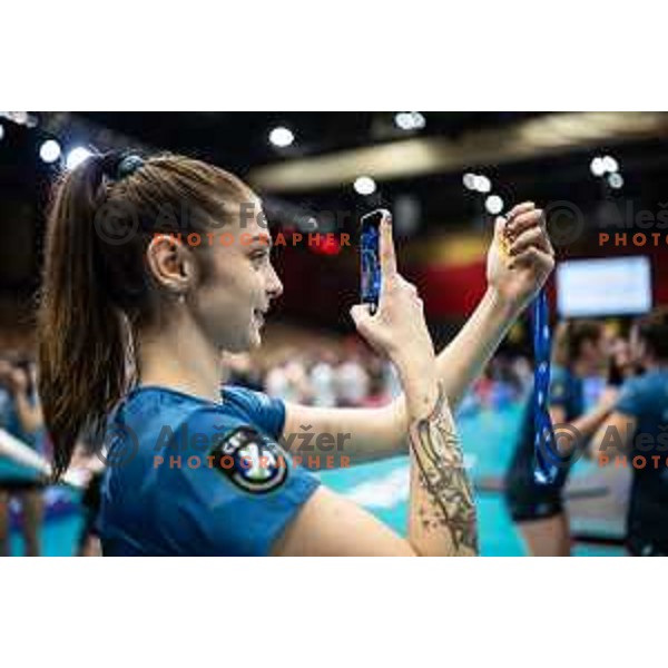 Mika Grbavica celebrating during trophy ceremony after Slovenian Women’s Volleyball Cup 2024/25 final match between Calcit Volley and OTP banka Branik in Rdeca dvorana, Velenje, Slovenia on January 12, 2025. Photo: Jure Banfi