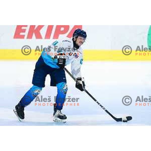 Miha Ahacic of Triglav Kranj in action during Semifinal of the Slovenian Ice-Hockey League match between SZ Olimpija and Triglav Kranj in Hala Tivoli, Ljubljana, Slovenia on January 14, 2025. Photo: Filip Barbalic