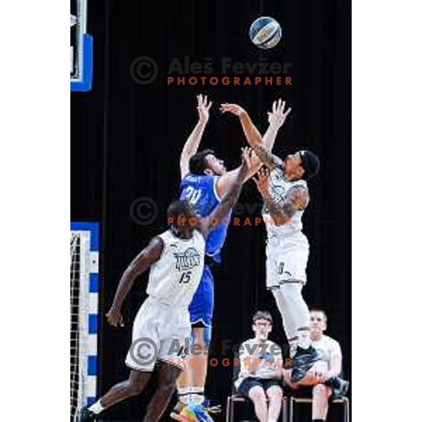 Blaz Habot and Vincent Lamont Golson Jr. in action during OTP Bank League 2024/2025 basketball match between Ilirija and LTH Castings in Ljubljana, Slovenia on February 6, 2025