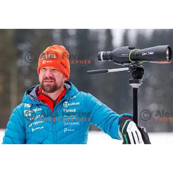 Janez Maric, head coach of Slovenia Biathlon team during practice session at Pokljuka, Slovenia on February 7, 2025