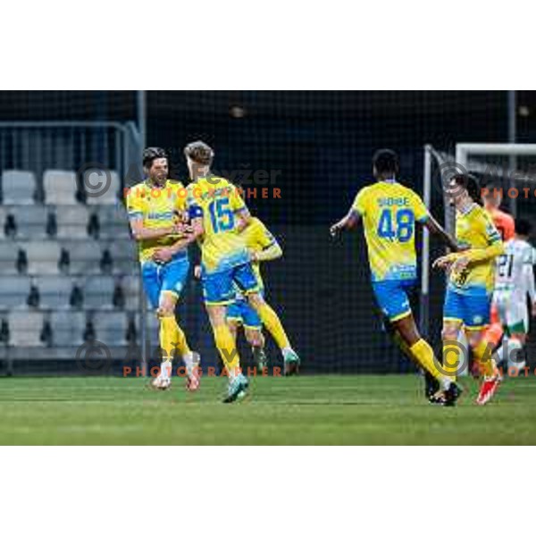 Tomi Juric and players of Koper celebrate a goal during Prva liga Telemach 2024/2025 football match between Koper and Olimpija at Bonifika Stadium in Koper on February 8, 2025
