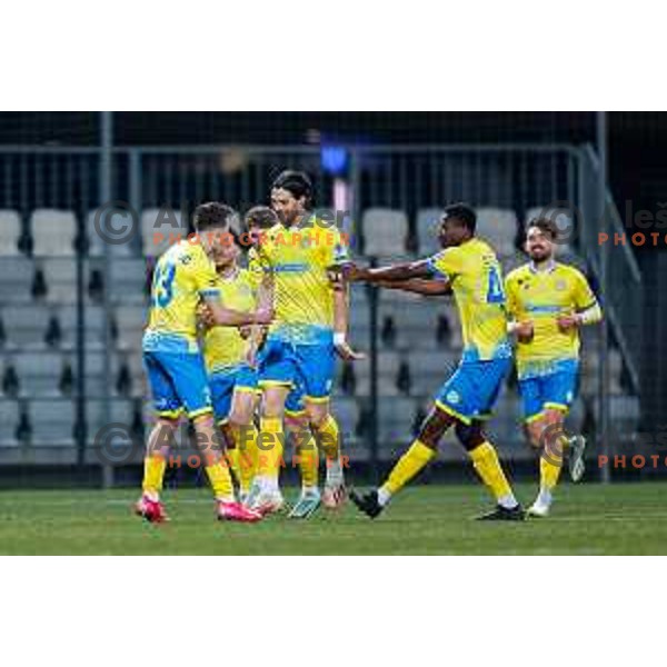 Tomi Juric and players of Koper celebrate a goal during Prva liga Telemach 2024/2025 football match between Koper and Olimpija at Bonifika Stadium in Koper on February 8, 2025