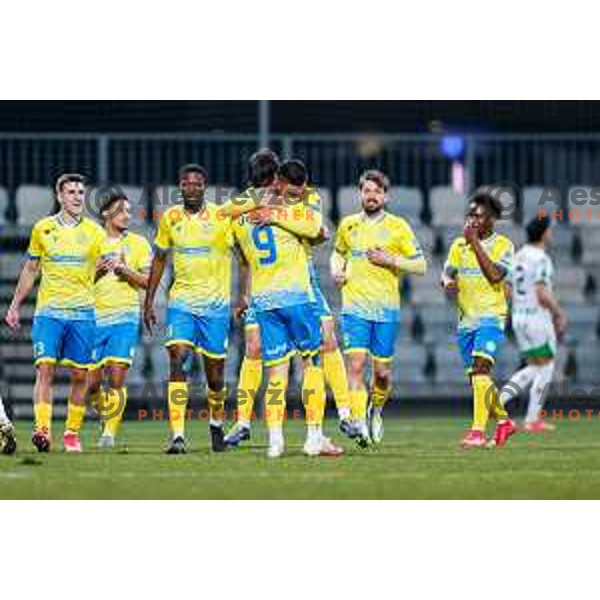 Tomi Juric and players of Koper celebrate a goal during Prva liga Telemach 2024/2025 football match between Koper and Olimpija at Bonifika Stadium in Koper on February 8, 2025