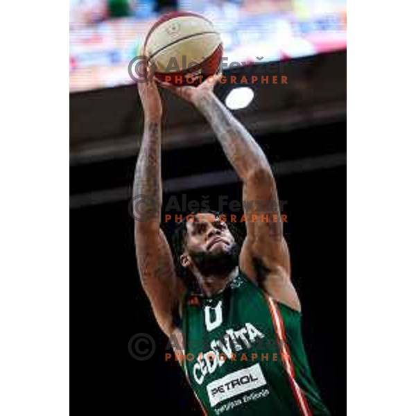 DJ Stewart of Cedevita Olimpija in action during ABA League 2024/2025 basketball match between Cedevita Olimpija and Igokea m:tel in Hala Tivoli, Ljubljana, Slovenia on February 8, 2025. Photo: Filip Barbalic
