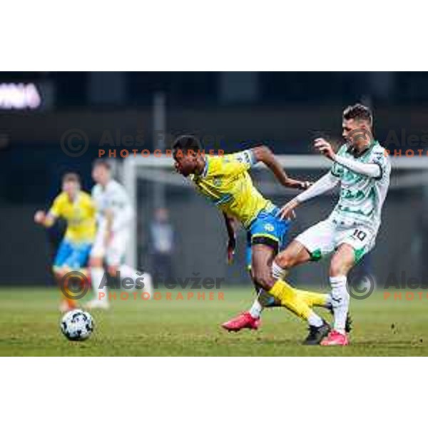 Ahmed Sidibe and Raul Florucz in action during Prva liga Telemach 2024/2025 football match between Koper and Olimpija at Bonifika Stadium in Koper on February 8, 2025