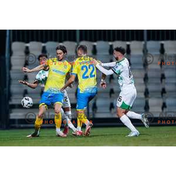 Jorge Silva, Tomi Juric and Denis Popovic in action during Prva liga Telemach 2024/2025 football match between Koper and Olimpija at Bonifika Stadium in Koper on February 8, 2025