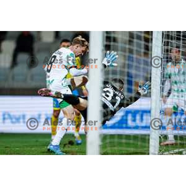 Justas Lisickas and Metod Jurhar in action during Prva liga Telemach 2024/2025 football match between Koper and Olimpija at Bonifika Stadium in Koper on February 8, 2025