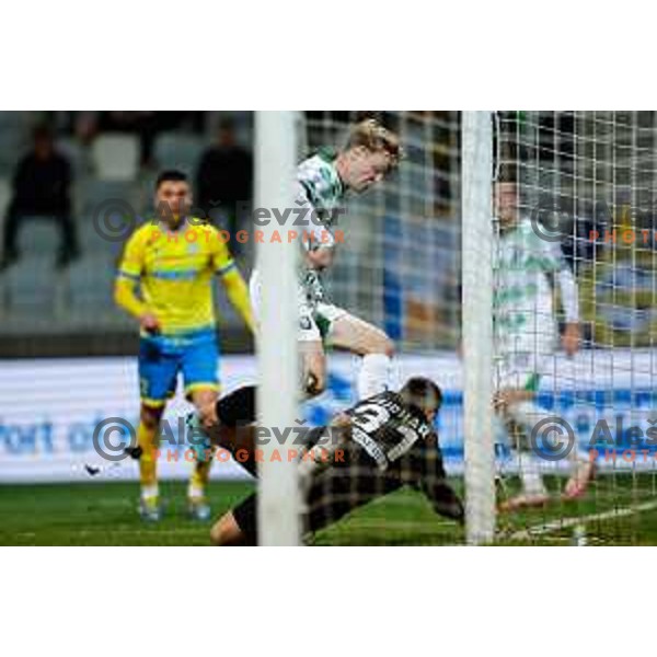 Justas Lisickas and Metod Jurhar in action during Prva liga Telemach 2024/2025 football match between Koper and Olimpija at Bonifika Stadium in Koper on February 8, 2025