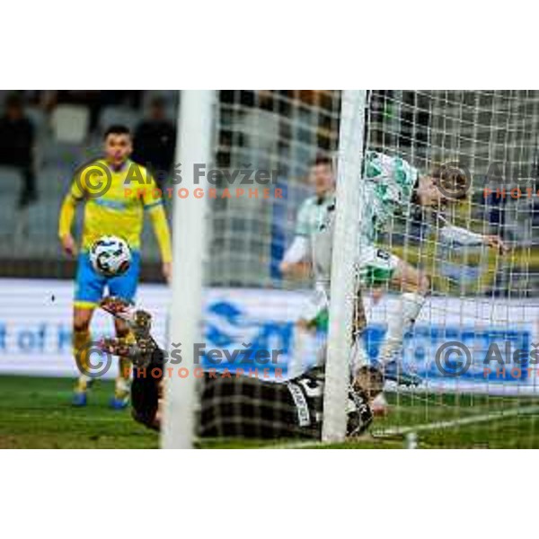 Justas Lisickas and Metod Jurhar in action during Prva liga Telemach 2024/2025 football match between Koper and Olimpija at Bonifika Stadium in Koper on February 8, 2025