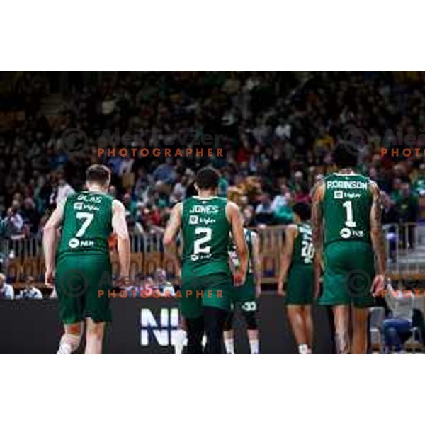 Gregor Glas, Devante Jones and Devin Robinson of Cedevita Olimpija in action during ABA League 2024/2025 basketball match between Cedevita Olimpija and Igokea m:tel in Hala Tivoli, Ljubljana, Slovenia on February 8, 2025. Photo: Filip Barbalic