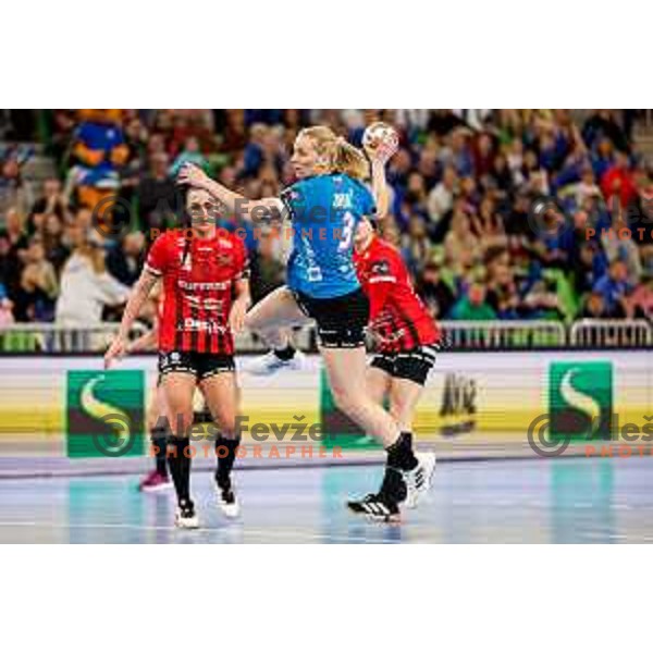 Manca Juric of Krim Mercator in action during EHF Women\'s Champions League match between Krim Mercator and CS Gloria in Ljubljana, Slovenia on February 8, 2025.