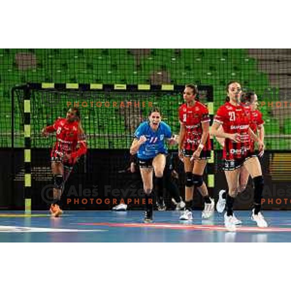 of Krim Mercator in action during EHF Women\'s Champions League match between Krim Mercator and CS Gloria in Ljubljana, Slovenia on February 8, 2025.