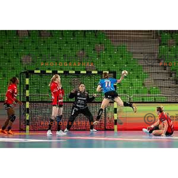 of Krim Mercator in action during EHF Women\'s Champions League match between Krim Mercator and CS Gloria in Ljubljana, Slovenia on February 8, 2025.