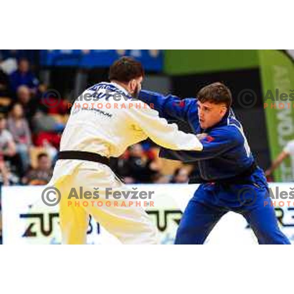 Jus Mecilosek of Slovenia (Blue) competes at Ljubljana European Open 2025 Judo Tournament in Ljubljana, Slovenia on February 9, 2025