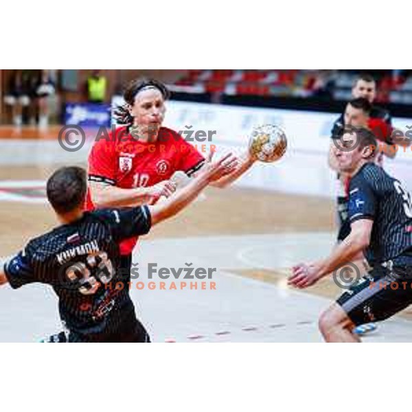 Jure Dolenec in action during 1.NLB League handball match between LL Grosist Slovan and MRK Krka in Ljubljana, Slovenia on February 11, 2025