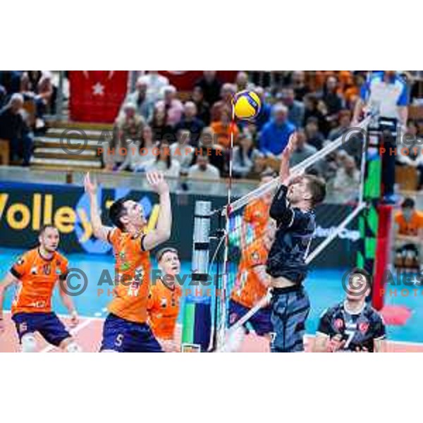 In action during CEV Volleyball Cup Men match between ACH Volley (SLO) and Ziraat Bank Ankara (TUR) in Tivoli Hall, Ljubljana, Slovenia on February 12, 2024