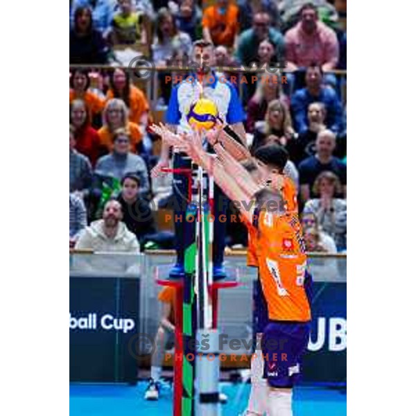In action during CEV Volleyball Cup Men match between ACH Volley (SLO) and Ziraat Bank Ankara (TUR) in Tivoli Hall, Ljubljana, Slovenia on February 12, 2024