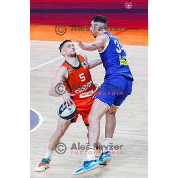 Aleksej Nikolic and Miha Muratovic in action during semi-final of Spar Cup 2025 basketball match between Cedevita Olimpija and Triglav at Kodeljevo, Ljubljana, Slovenia on February 13, 2025