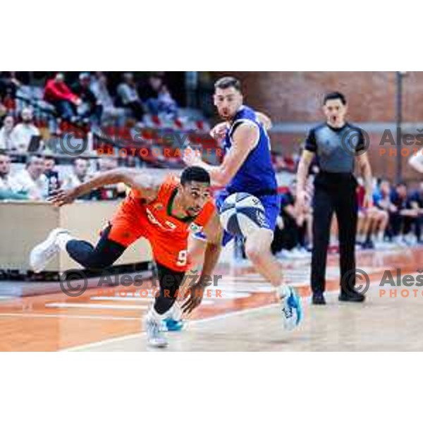 Brynton Lemar and Miha Muratovic in action during semi-final of Spar Cup 2025 basketball match between Cedevita Olimpija and Triglav at Kodeljevo, Ljubljana, Slovenia on February 13, 2025 