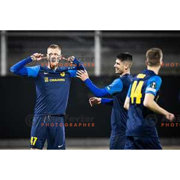 Armandas Kucys and Svit Seslar celebrating during football match between NK Celje (SLO) and APOEL FC (CY) in playoffs of UEFA Conference League 2024/25 in Stadion z’dezele, Celje, Slovenia on February 13, 2025. Photo: Jure Banfi
