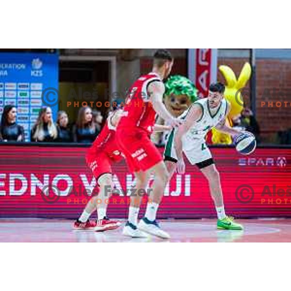 In action during semi-final of Spar Cup 2025 basketball match between Krka and Sentjur at Kodeljevo, Ljubljana, Slovenia on February 13, 2024