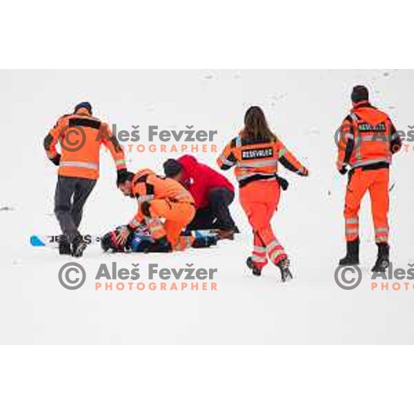 Thea Minyan Bjoerseth of Norway crashed in the final round of FIS World Cup ski jumping Women’s competition in Ljubno ob Savinji, Slovenia on February 15th, 2025