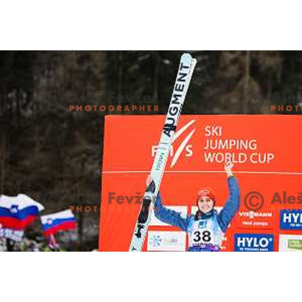 Selina FREITAG of Germany in action during trophy ceremony at FIS World Cup ski jumping Women’s competition in Ljubno ob Savinji, Slovenia on February 15th, 2025