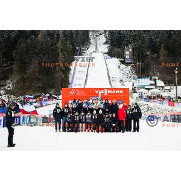 Nika Prevc with teammates and team Slovenia in action during trophy ceremony at FIS World Cup ski jumping Women’s competition in Ljubno ob Savinji, Slovenia on February 15th, 2025