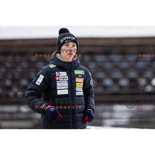 Nika Prevc of Slovenia warms-up before FIS World Cup ski jumping Women’s competition in Ljubno ob Savinji, Slovenia on February 16, 2025