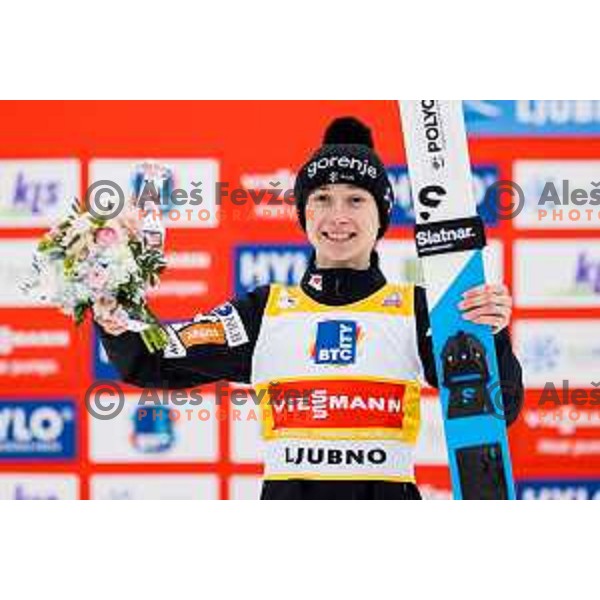 Nika Prevc of Slovenia during trophy ceremony after FIS World Cup ski jumping Women’s competition in Ljubno ob Savinji, Slovenia on February 16th, 2025