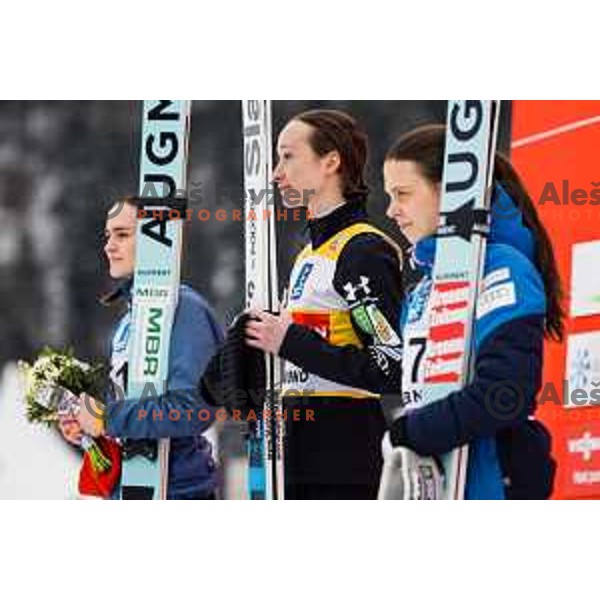 Nika Prevc of Slovenia during trophy ceremony at FIS World Cup ski jumping Women’s competition in Ljubno ob Savinji, Slovenia on February 16th, 2025