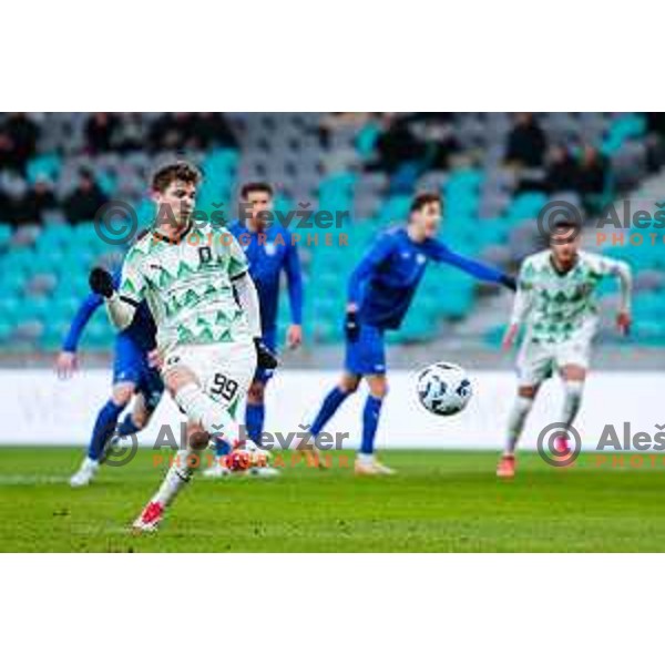 Antonio Marin of Olimpija scores and celebrates a goal during Prva liga Telemach 2024/2025 football match between Olimpija and Nafta 1903 in Ljubljana, Slovenia on February 16, 2025