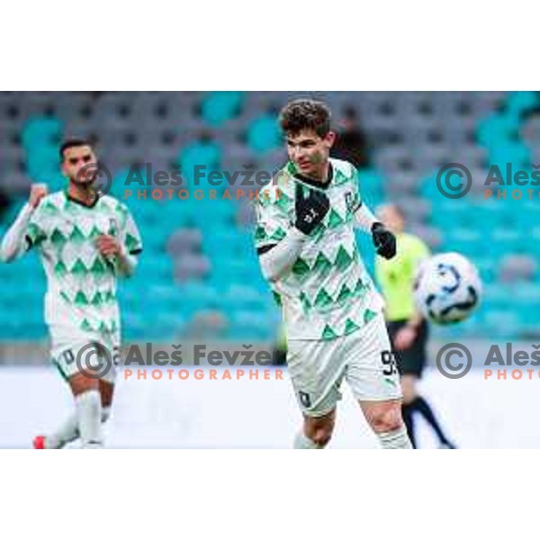 Antonio Marin of Olimpija scores and celebrates a goal during Prva liga Telemach 2024/2025 football match between Olimpija and Nafta 1903 in Ljubljana, Slovenia on February 16, 2025
